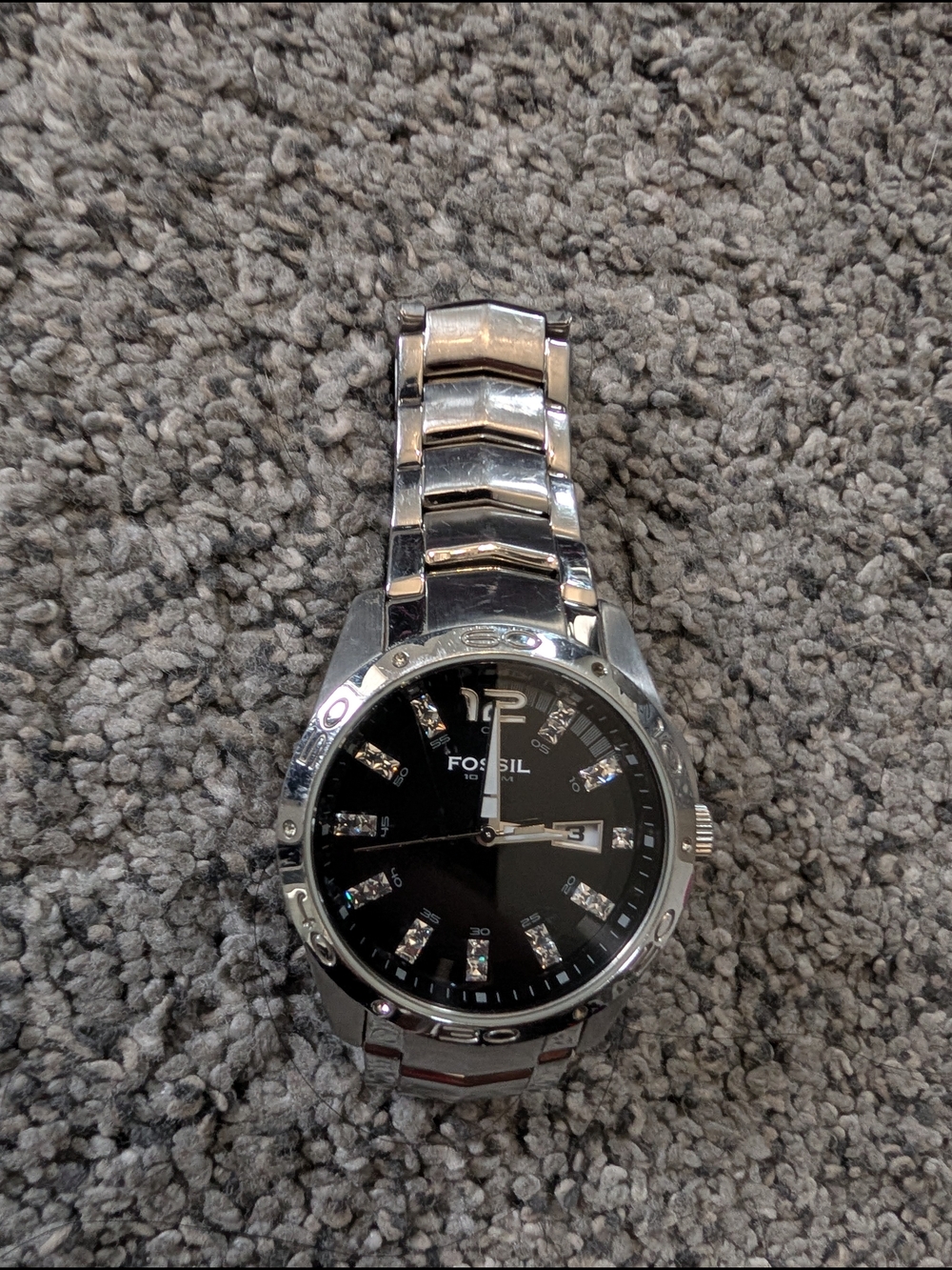Used Condition Fossil Silver and Black Stainless Steel Diamond Accent Watch